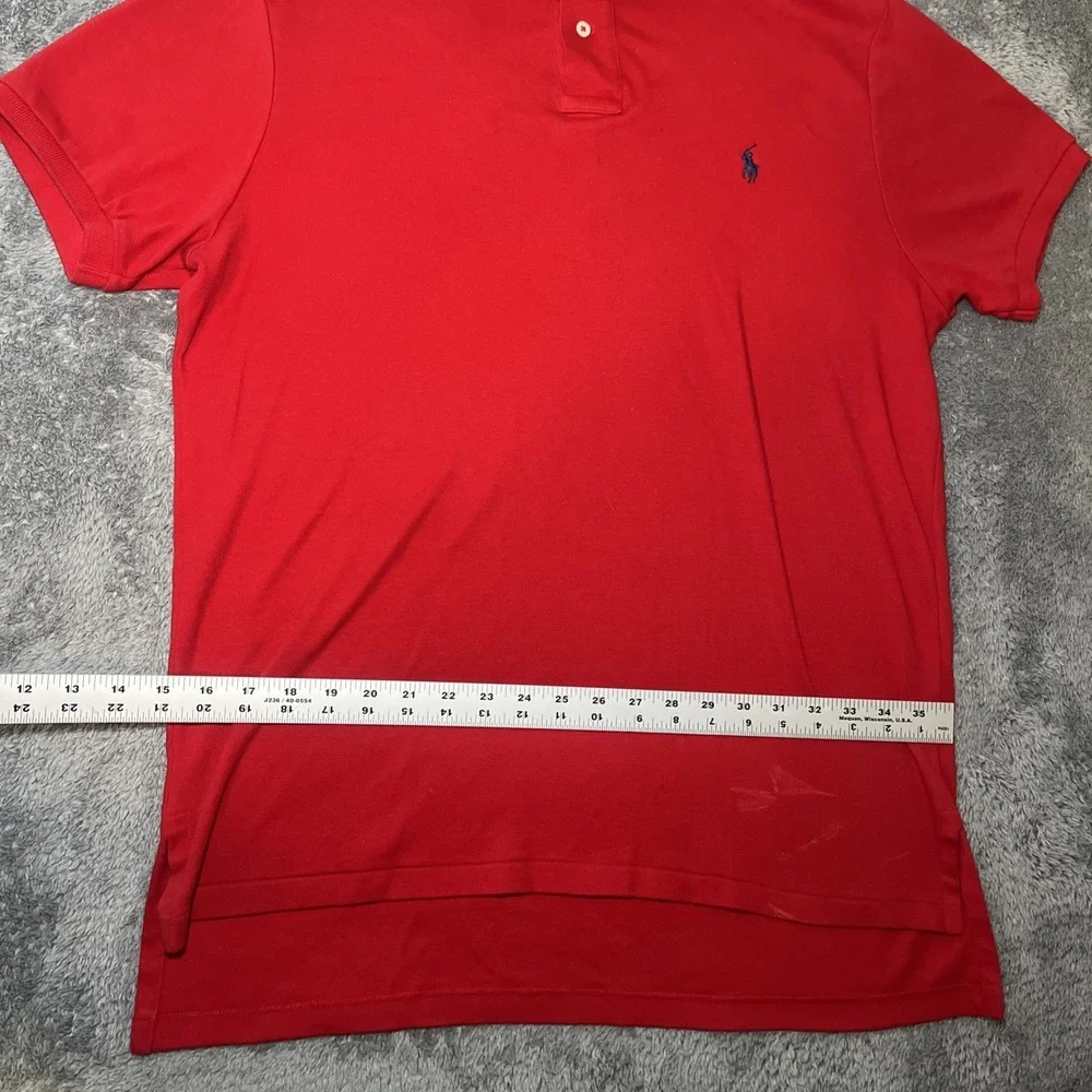 VTG Polo By Ralph Lauren Red Short Sleeve Shirt Navy Pony Custom Fit Cotton SZ L